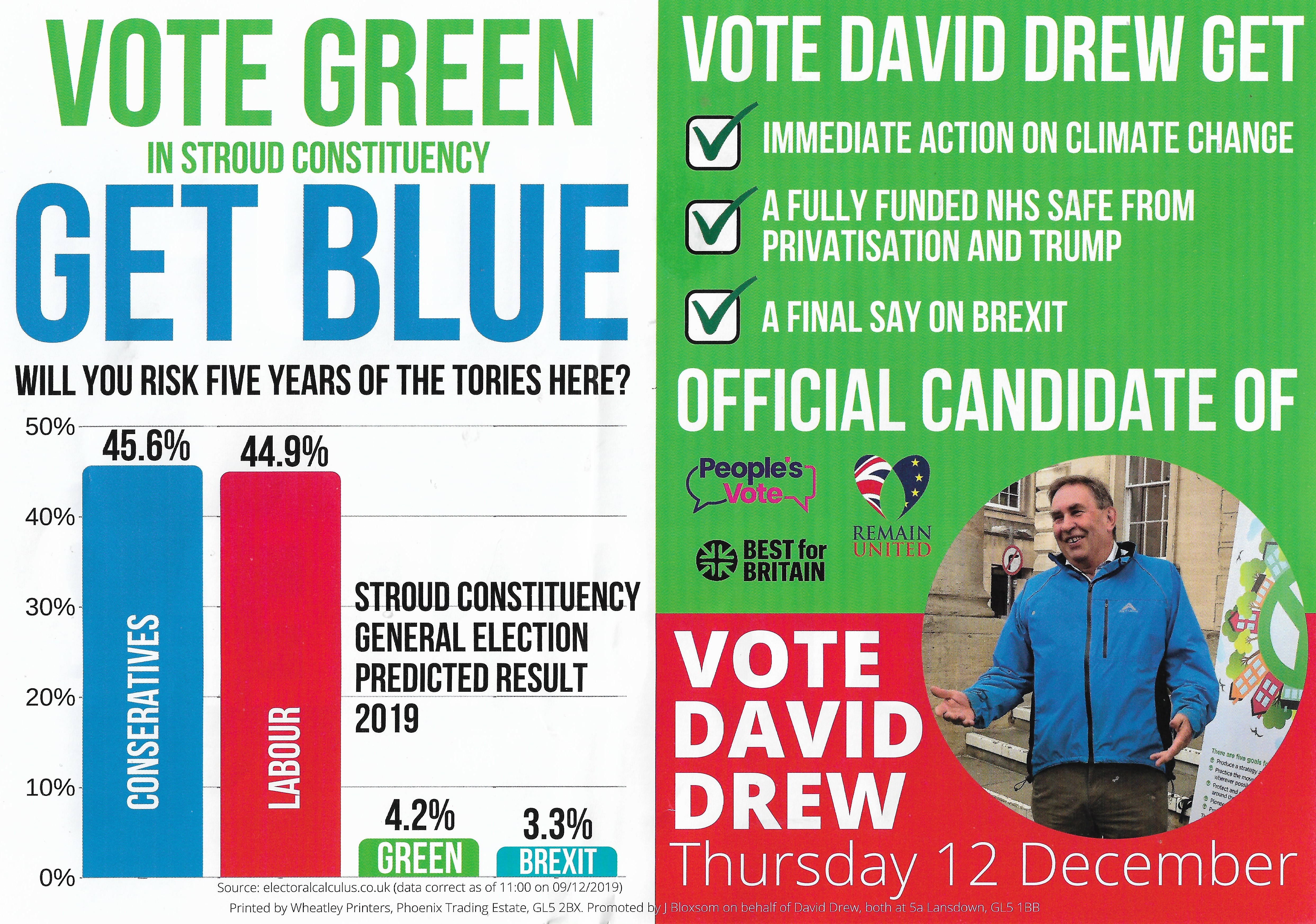 Labour leaflet Vote Green Get Blue - click here to see large version